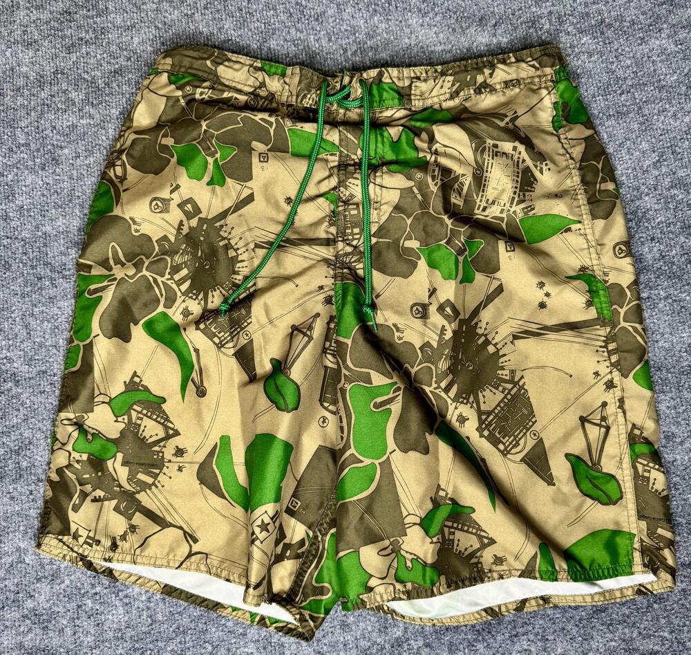 Joe Boxer Shorts Mens Medium Beige Green Camo Swim Trunks Elastic Waist Pockets